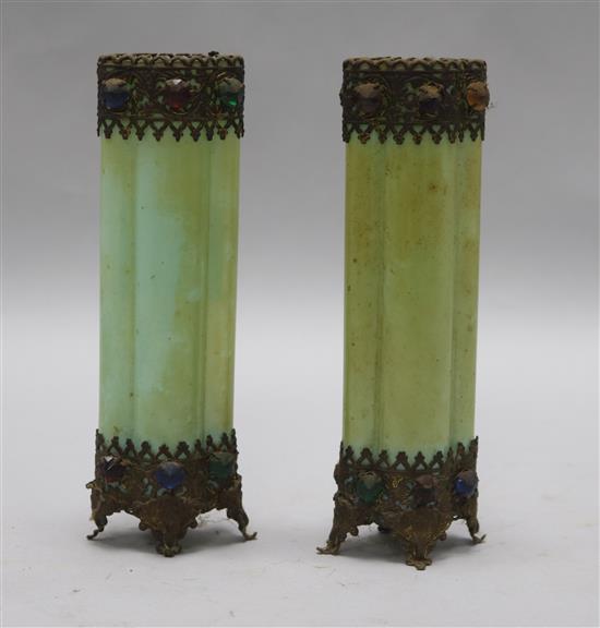 A pair of late 19th century jewelled glass spill vases